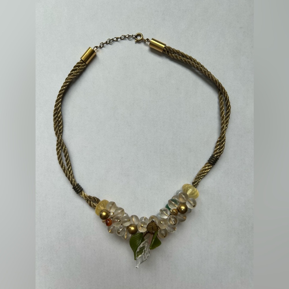 Vintage 1970s 80s Boho Glass Bead Necklace Leaf Charm